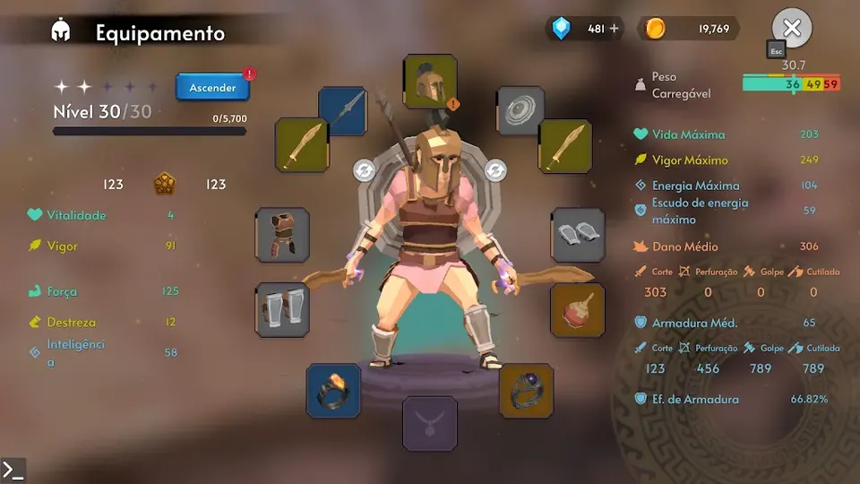 Captura de tela de Titan Soul: Tela de equipamentos do herói